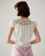 White Lace Puffed Sleeve Tee | Rihoas