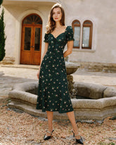 Green Puffed Sleeve Floral Midi Dress | Rihoas