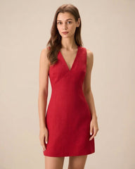 The Red V Neck Sleeveless Linen Mini Dress | Rihoas