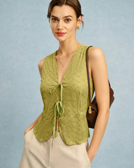 Green V Neck Floral Textured Vest | Rihoas