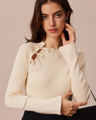 The Beige Ribbed Cut Out Bowknot Knit Top | Rihoas