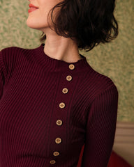 Wine Red Mock Neck Ribbed Knit Tee | Rihoas