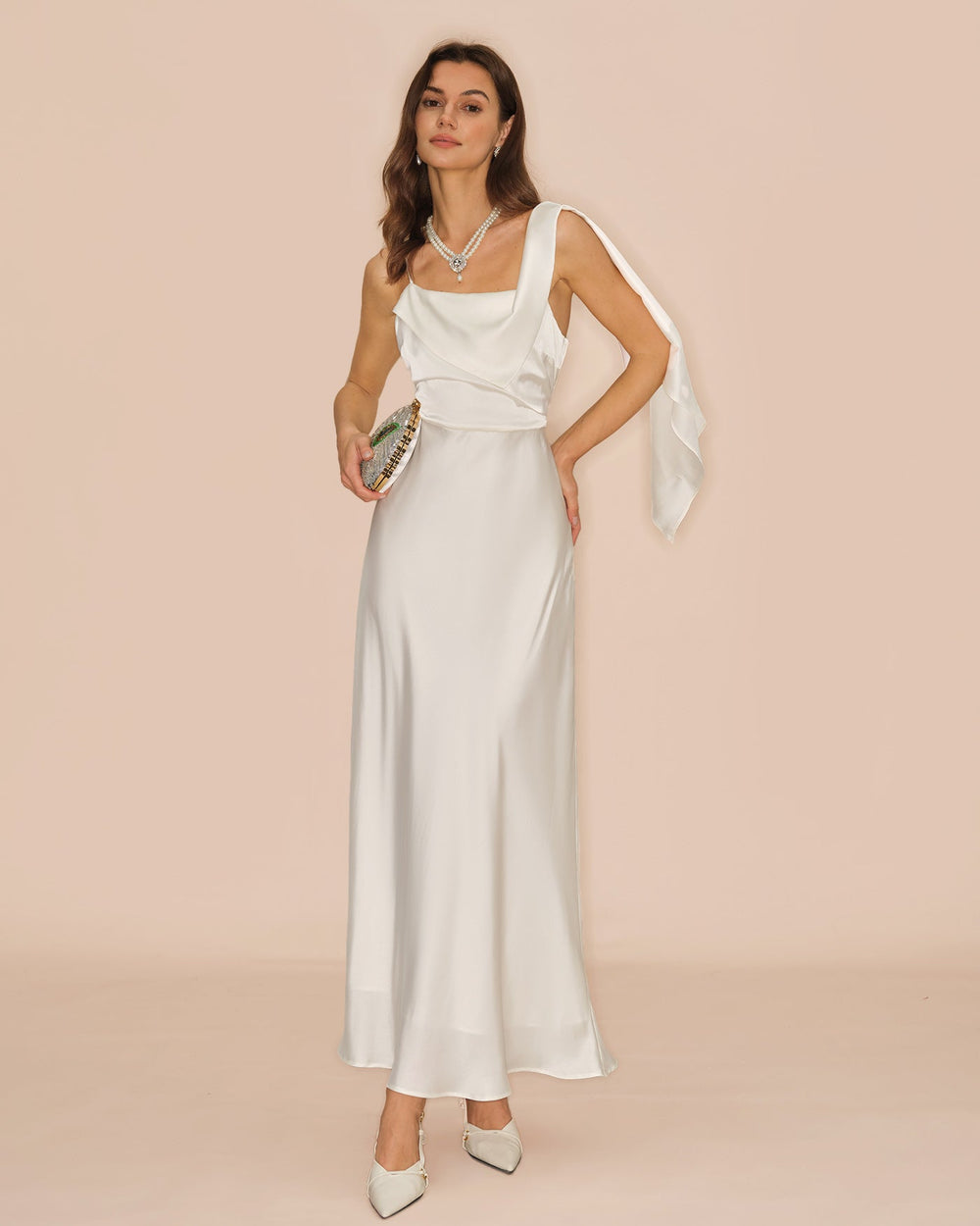 White Square Neck Satin Maxi Dress | Rihoas