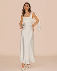 White Square Neck Satin Maxi Dress | Rihoas