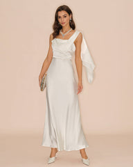 White Square Neck Satin Maxi Dress | Rihoas