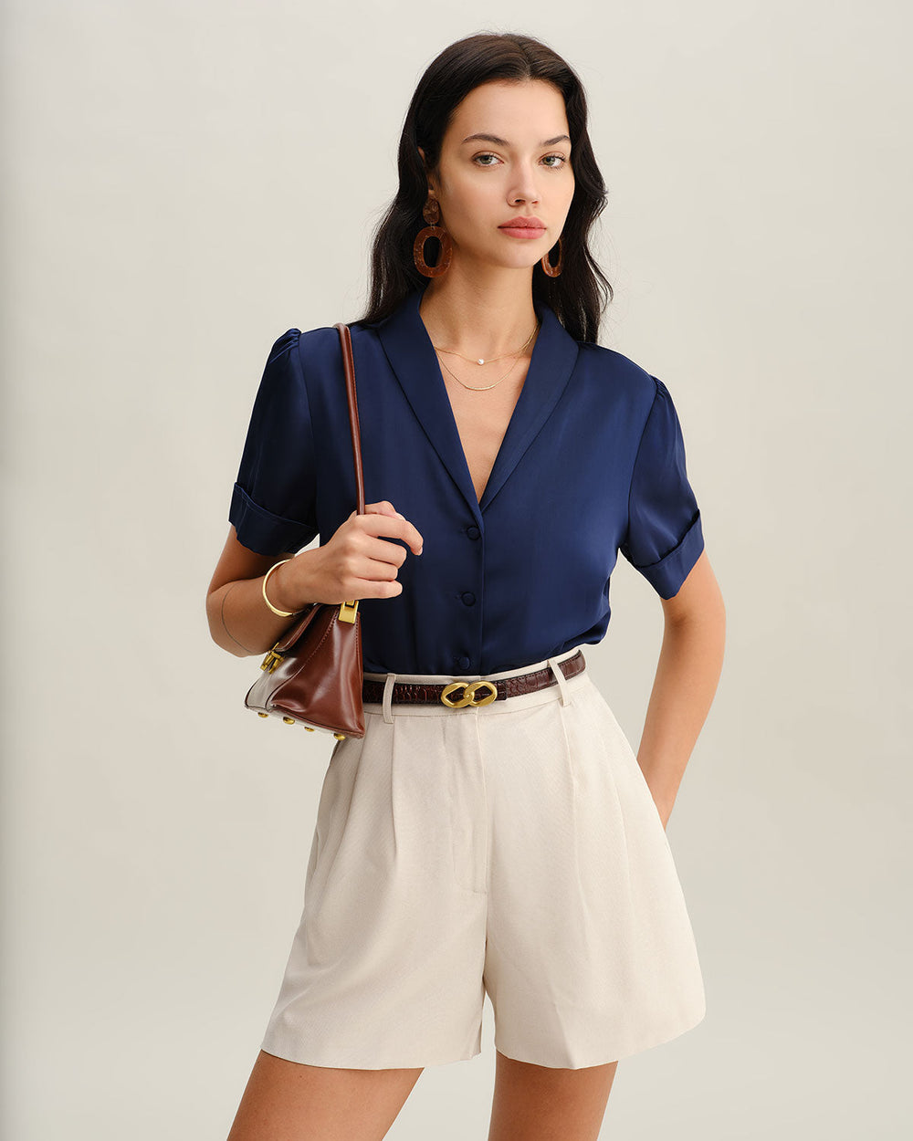 Navy Satin Button Blouse | Rihoas