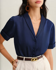 Navy Satin Button Blouse | Rihoas