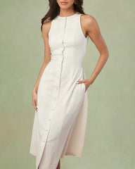 White Button Tie Tunic Midi Dress | Rihoas