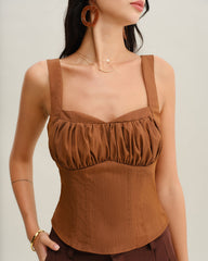 Brown Ruched Shirred Cami Top | Rihoas