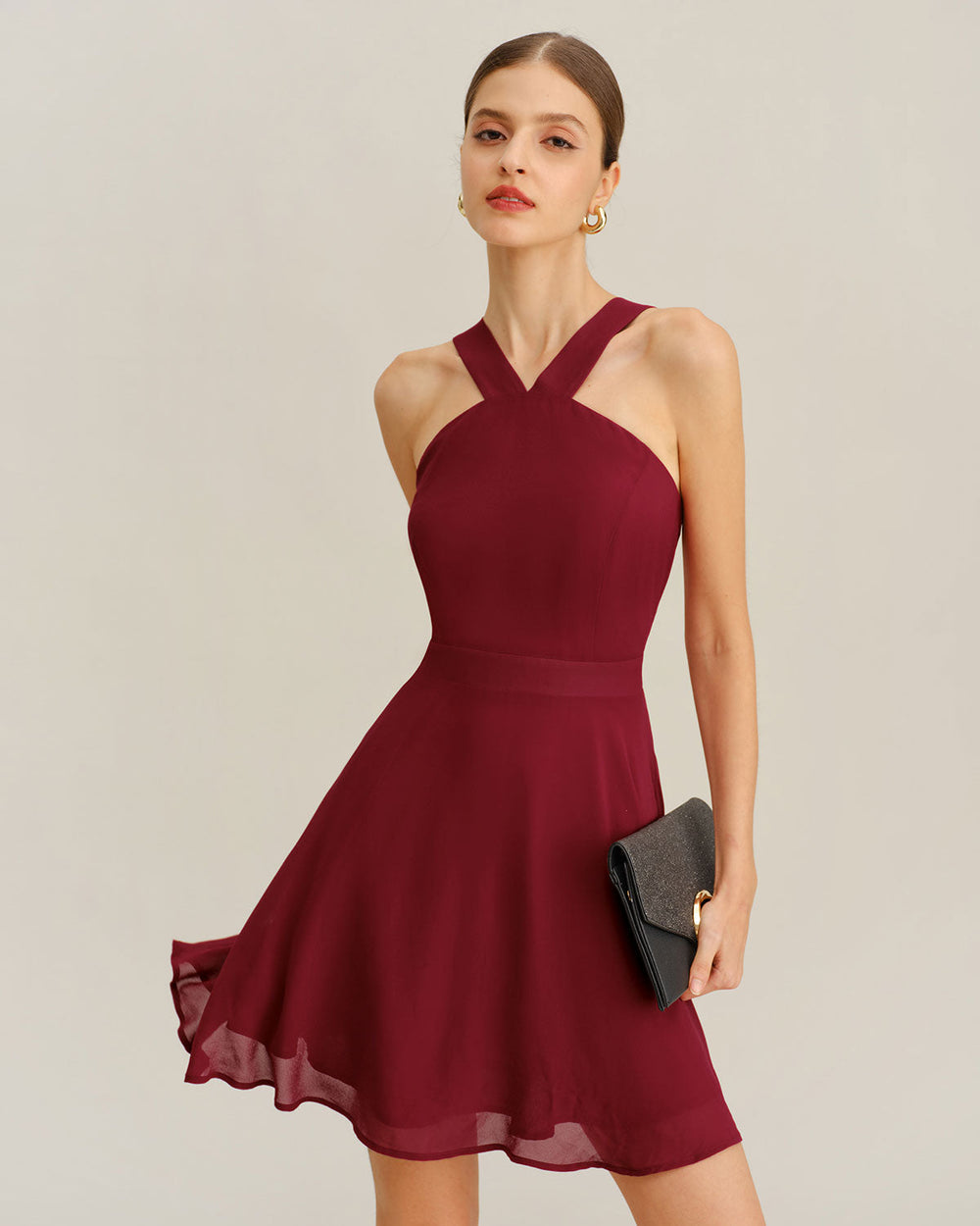 Wine Red Chiffon A-Line Sleeveless Mini Dress | Rihoas