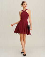 Wine Red Chiffon A-Line Sleeveless Mini Dress | Rihoas