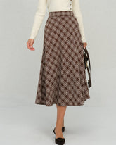 Brown Plaid Floral A-Line Midi Skirt | Rihoas