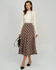Brown Plaid Floral A-Line Midi Skirt | Rihoas