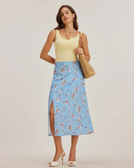 Blue Floral Slit A-Line Midi Skirt | Rihoas
