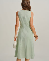Green Round Neck Sleeveless Midi Dress | Rihoas