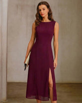 Wine Red Boat Neck Backless Midi Dress | Rihoas