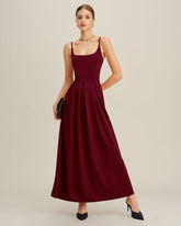 Wine Red Pleated Slip Maxi Dress | Rihoas
