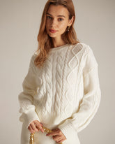 The Beige Round Neck Ribbed Cable Sweater | Rihoas