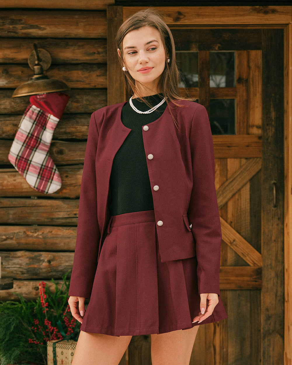 Wine Red Single Breasted Jacket | Rihoas