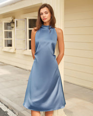 Blue Satin Halter Midi Dress | Rihoas