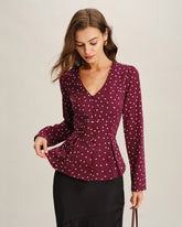 Wine Red Polka Dot V Neck Blouse | Rihoas