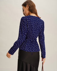 Navy Polka Dot V Neck Shirt | Rihoas