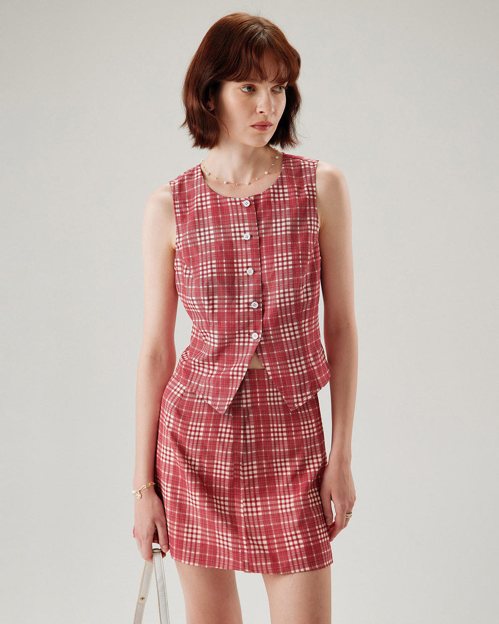 Red Plaid Single Breasted Vest | Rihoas