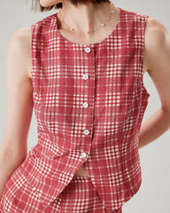 Red Plaid Single Breasted Vest | Rihoas
