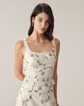 Beige Floral Slim Tank Top | Rihoas