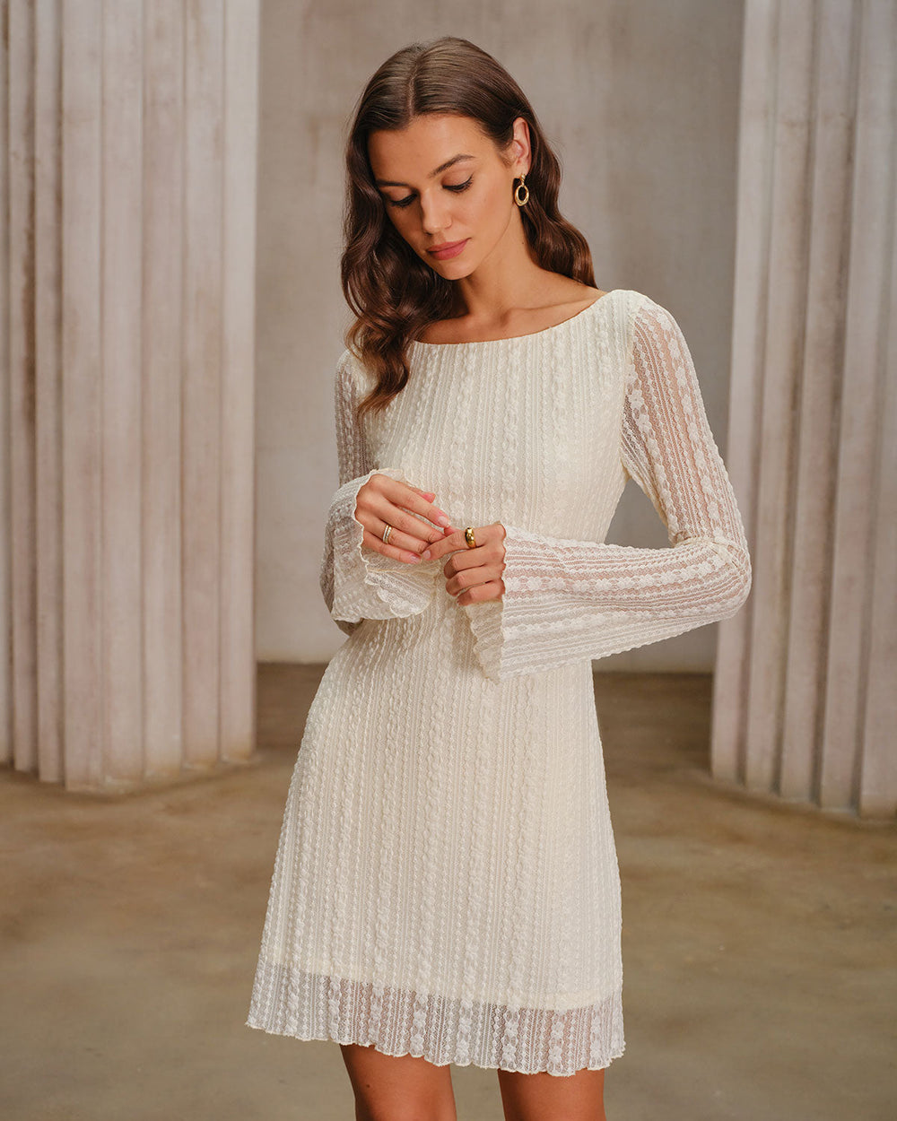 Apricot Lace Bell Sleeve Mini Dress | Rihoas