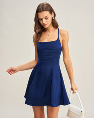 Navy Satin Pleated Slip Mini Dress | Rihoas