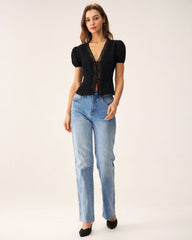 Black Jacquard Lace Button Blouse | Rihoas