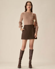 Coffee High-waisted Button Mini Skirt | Rihoas