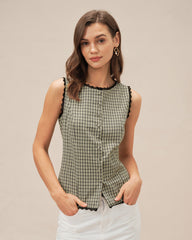Apricot Boat Neck Plaid Tank Top | Rihoas