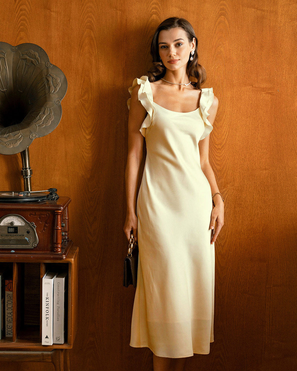 Yellow Square Neck Ruffle Satin Midi Dress | Rihoas