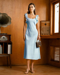 Blue Square Neck Ruffle Satin Midi Dress | Rihoas