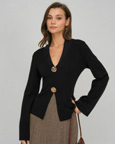 Black Bell Sleeve Button Collar Sweater | Rihoas
