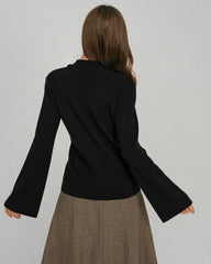 Black Bell Sleeve Button Collar Sweater | Rihoas
