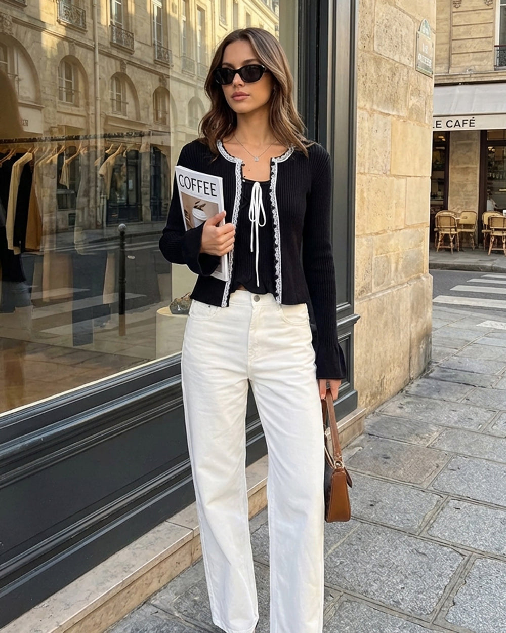 Black Contrasting Bell Sleeve Knit Cardigan | Rihoas