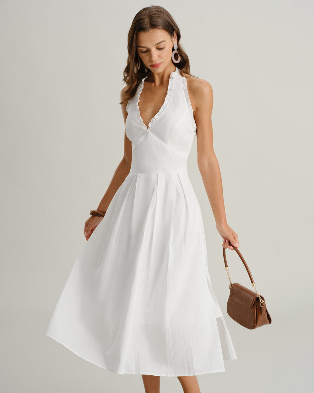 White V Neck Halter Sleeveless Midi Dress | Rihoas