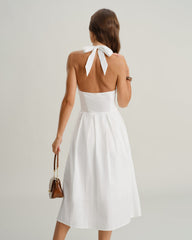 White V Neck Halter Sleeveless Midi Dress | Rihoas