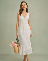 Beige Polka Dot V-Neck Midi Dress | Rihoas