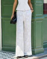 White Floral Textured Elastic Waist Pants | Rihoas