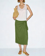 Green Solid Tie Midi Skirt | Rihoas