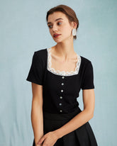 The Black Square Neck Ribbed Lace Trim Knit Tee | Rihoas