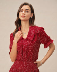 Red Puffed Sleeve Polka Dot Collar Blouse | Rihoas