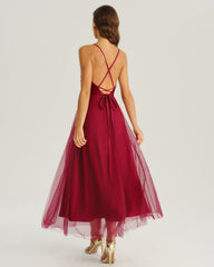 Wine Red Mesh Flowy Slip Midi Dress | Rihoas