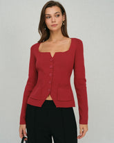 Red Single Breasted Square Neck Cardigan | Rihoas