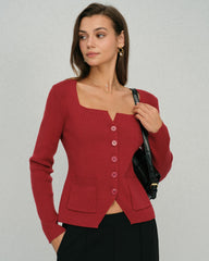Red Single Breasted Square Neck Cardigan | Rihoas