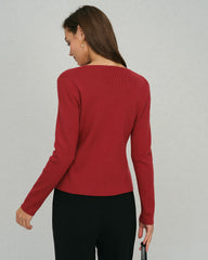 Red Single Breasted Square Neck Cardigan | Rihoas